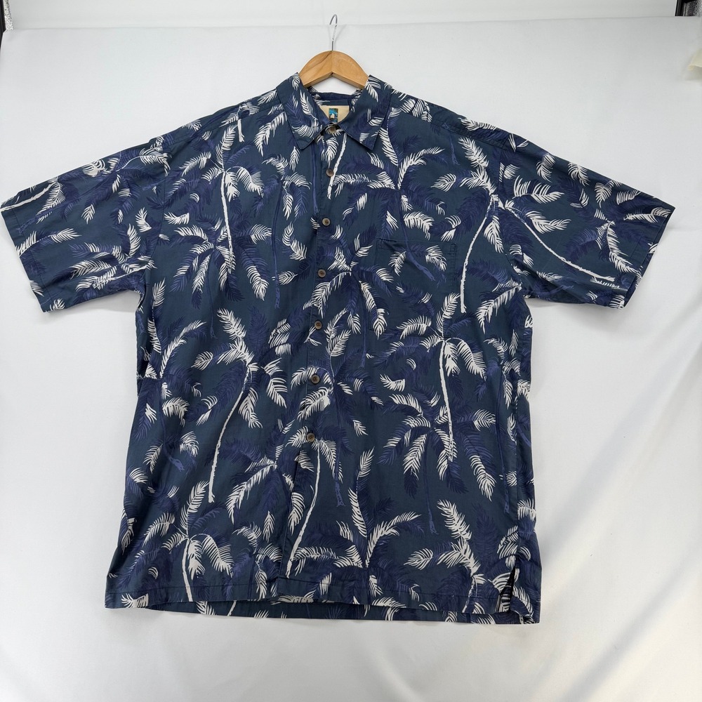 Kahala Hawaiian Islands Mens XL Blue Palm Tree Print Cotton Lawn Button Up Shirt